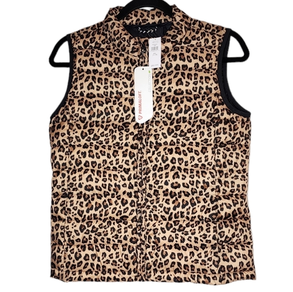 NWT‎ GAP Kids Leopard Puffer Zip Vest Brown Animal Print Size XXL Primaloft